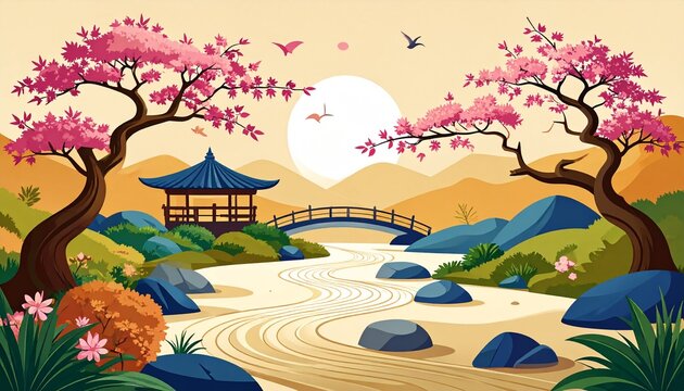 Serene Japanese Garden with Cherry Blossoms and Traditional Architecture.