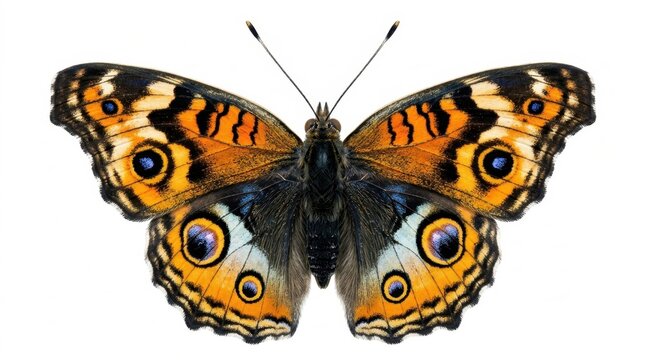 Vibrant Orange and Black Butterfly with Blue Eye-Spots Isolated on White Background. Detailed Macro Shot of a Beautiful Insect with Open Wings, Symbol of Nature and Transformation