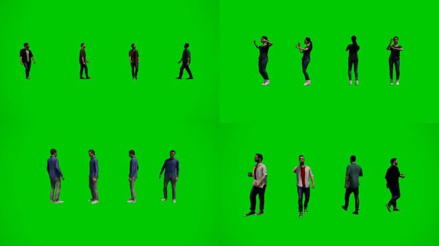 Crowd and standing people collection for green screen compositing with chromakey background and 3d animated cartoon animation style. Human character footage for editing scenes transitions.
