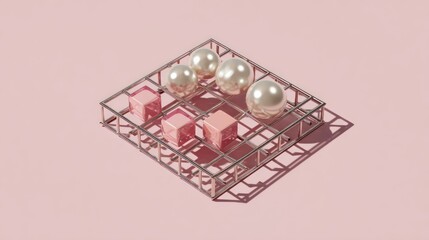 Fototapeta premium Metallic grid structure holds glossy pearls and translucent pink geometric shapes against a plain background