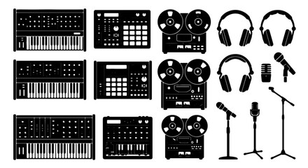 Music Production Gear Icons: Synthesizers, Drum Machines, Reel-to-Reel Players, Microphones, Headphones, Stands, Vector Set for Audio Recording and DJing © Zubair