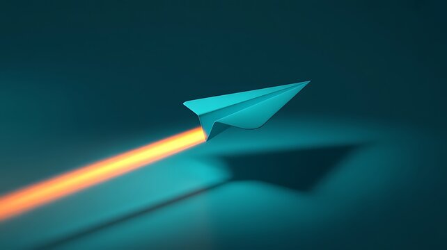 Blue paper airplane flying with a bright orange light trail