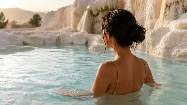 Woman relaxing in the thermal pools of pamukkale, turkey