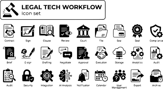 Legal Tech Contract Workflow Icon Set Contract Sign Clause Review Court File Seal Compliance Brief E-Sign Law Firm Digital Vector Illustration