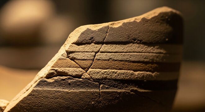 Ancient Cuneiform Tablet Fragment with Linear Markings.