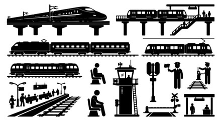 Modern and Classic Train Icons, Railway Station Elements, and Transportation Graphics Set: High-Speed Rail, Commuter Trains, and Public Transit Vector Collection © Zubair