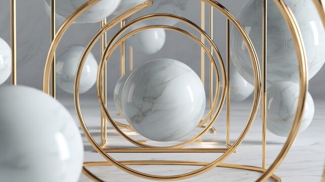 Repeating structures of polished marble spheres nested within golden circular frames present a modern artistic display