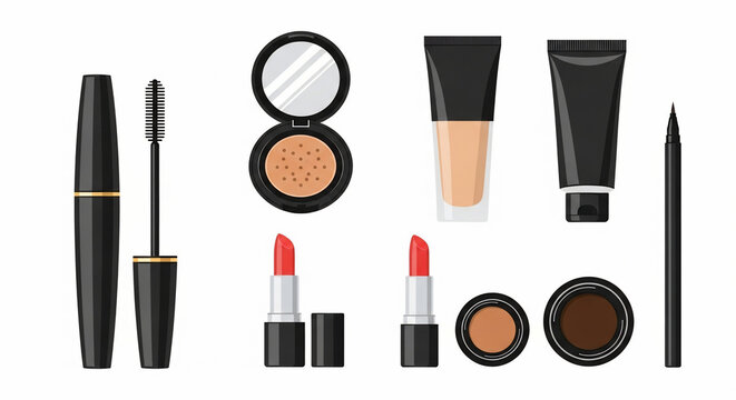 Essential makeup products collection: mascara, lipstick, foundation, compact powder, eyeshadow, and eyeliner. Beauty cosmetics set.