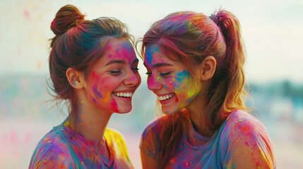 Fototapeta premium Two beautiful young women covered in vibrant Holi colors smiling and laughing together