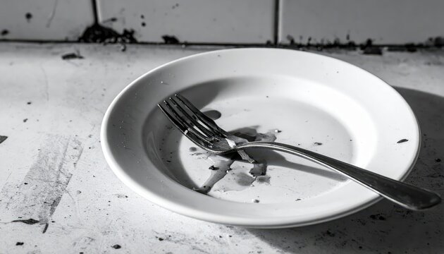 A bent and stained metal fork lies on a dirty white plate, remnants of a meal visible, suggesting a finished or abandoned eating experience.