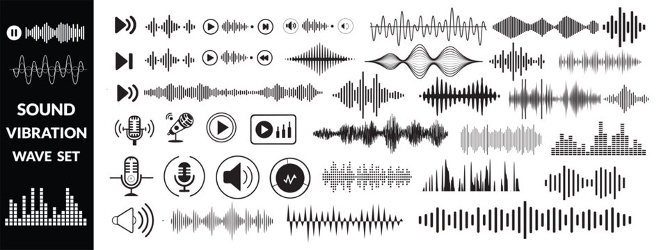 Set of waving, sound, vibration and pulsing lines. Graphic design elements for music app.Vector illustration, sound big icon set 