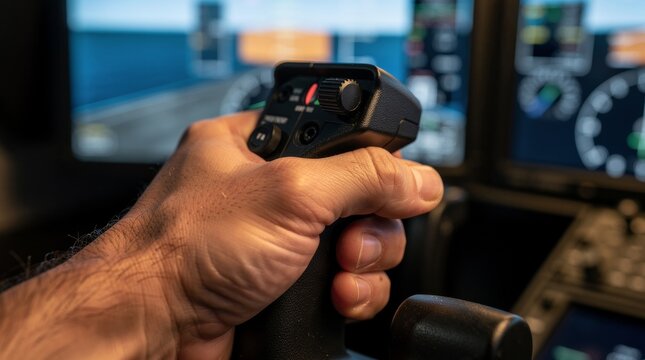 Pilot's Hand Gripping Flight Simulator Control Stick in Cockpit