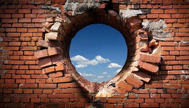a damaged brick wall with a circular hole in the center
