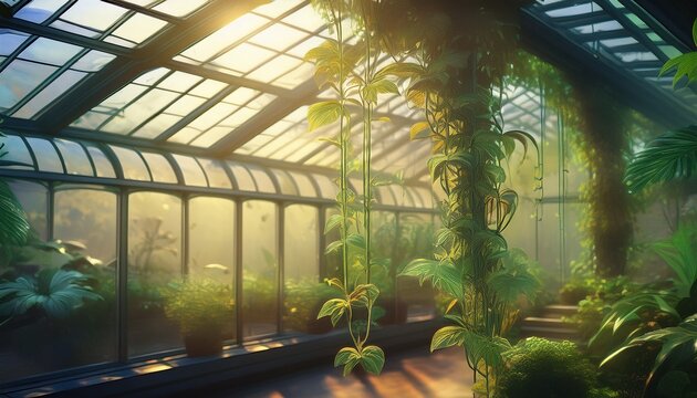 a serene scene of a trailing plant in a glasshouse