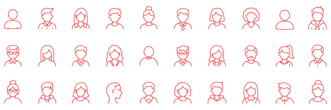 People avatar icon set, profile picture collection of diverse men and women faces, linear vector human character portraits on transparent background