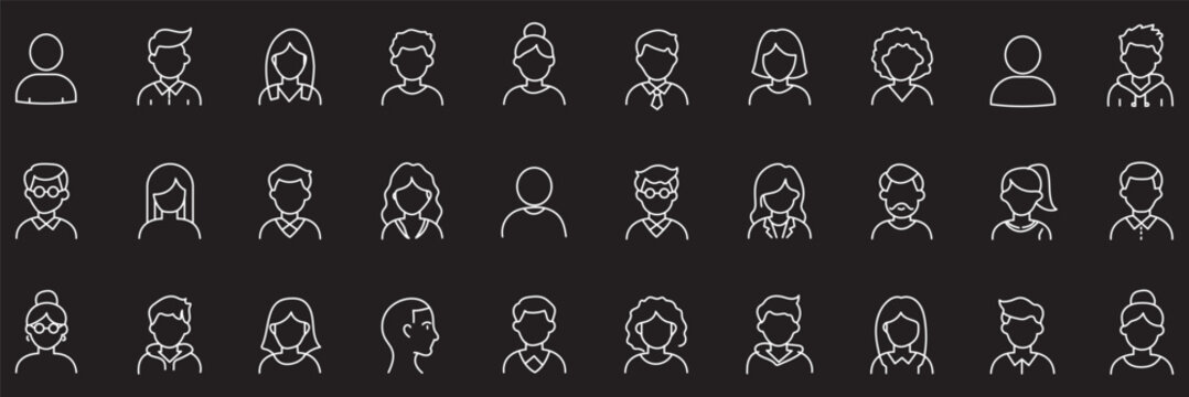 People avatar icon set, profile picture collection of diverse men and women faces, linear vector human character portraits on transparent background