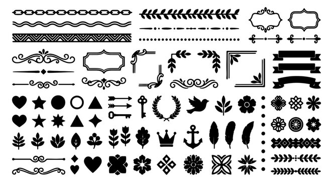 Decorative Ornate Flourish Elements, Vintage Victorian Borders and Frames, Retro Embellishment Icons, Black and White Vector Graphics Set