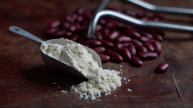 Whey protein powder spilling from silver scoop onto rustic wooden table, with red kidney beans and metal nutcracker in background, creating healthy and natural atmosphere