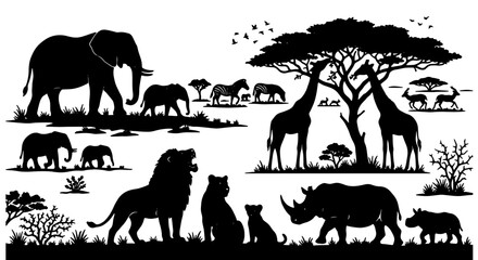 African Wildlife Silhouette Collection: Majestic Elephants, Lions, Giraffes, Rhinos, Zebras, Hippos, and Savannah Landscapes for Safari Adventures © Suman