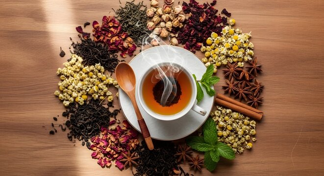Teacup rests on a wooden table surrounded by a circular arrangement of dried herbs, flowers, and spices.