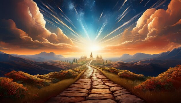 path to eternal bliss the road leading to heavenly paradise representing religious concept of life after death soul embarks on a journey toward immortality divine everlasting sanctuary