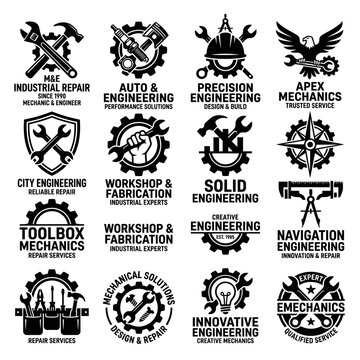 Black engineering logos and icons.