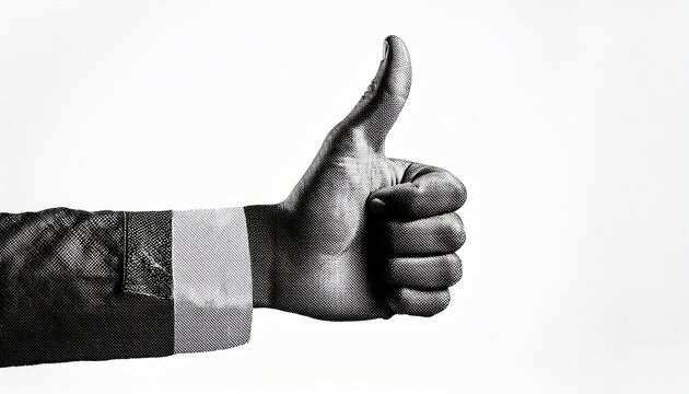 thumbs up hand gesture in black and white collage art effect on white background