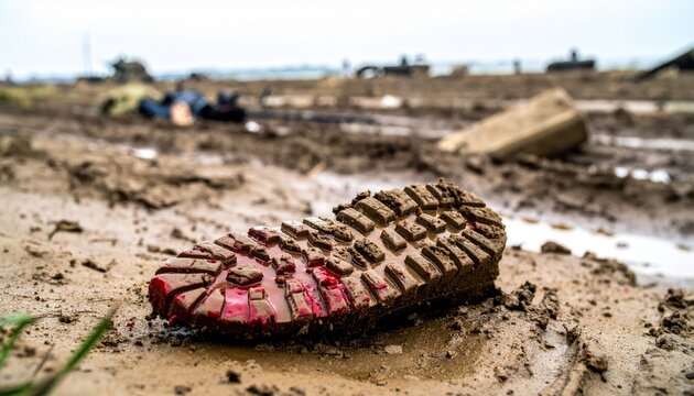 A bloody boot print deeply imprinted into muddy, caked ground, showcasing a distinct sole pattern amidst debris.