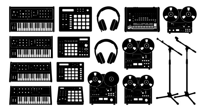 Electronic Music Production Gear Set, Synthesizers, Drum Machines, Headphones, Reel-to-Reel Recorders, Microphones, Vector Icons for Audio Studio and DJ Equipment