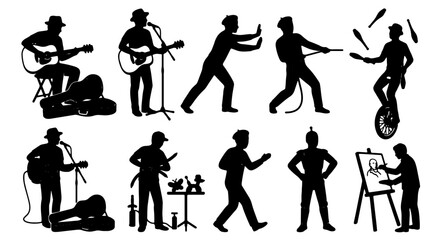 Diverse Performer Silhouettes: Musicians, Juggler, Artist, Tug-of-War, Unicyclist, Martial Artist Vector Set © Anwar