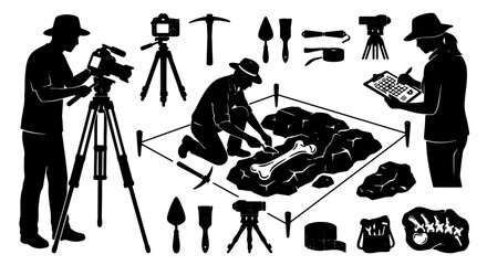 Archaeology Dig Site Vector Set: Excavation Tools, Fossils, and Researchers Documenting Discoveries, Silhouette Style © Suman