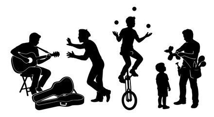 Street Performers Silhouette Collection: Musician, Juggler, Unicyclist, Balloon Artist, Child - Vector Graphics for Entertainment and Events © Anwar