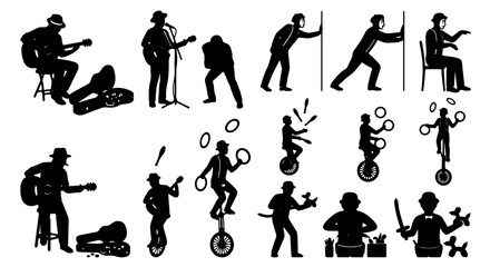 Street Performer Silhouettes: Musicians, Jugglers, and Unicyclists, Vector Icons for Entertainment and Performance Concepts © Anwar