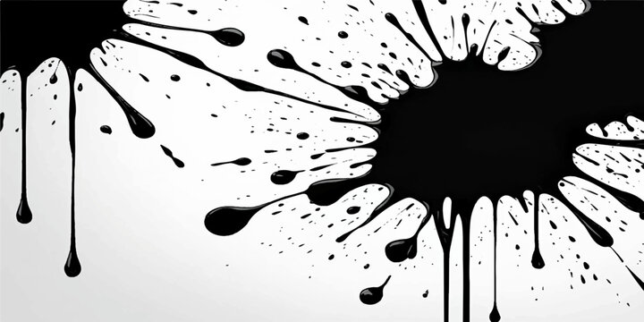 Black ink splat and splash grunge vector illustration with splatter stains drips drops blot texture and dirty paint design