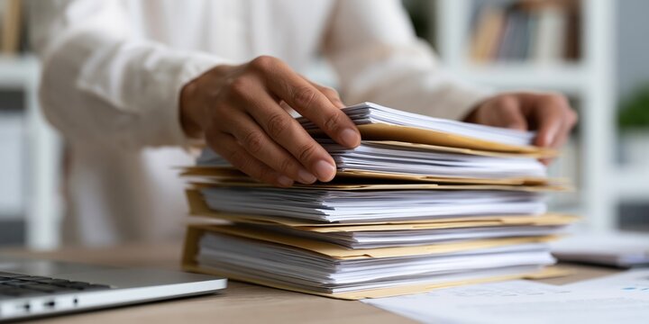 A person organizing a significant stack of paperwork on a wooden desk, representing the importance of organization and productivity in a professional office environment.