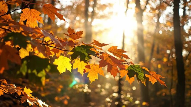 Vibrant autumn maple leaves bathed in warm sunlight, creating a beautiful seasonal forest scene.