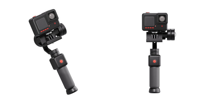 3D illustration of an action camera mounted on a handheld stabilizer grip