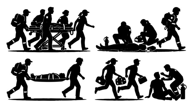 Emergency Medical Services Silhouettes, Paramedic Rescue Action Set, Medical Aid and First Response Vector Icons