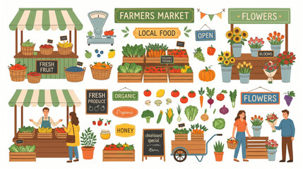 Fototapeta premium Farmers Market Vector Set with Produce Stands Fresh Vegetables Fruits Baskets Scales and Local Food Market Clipart Collection