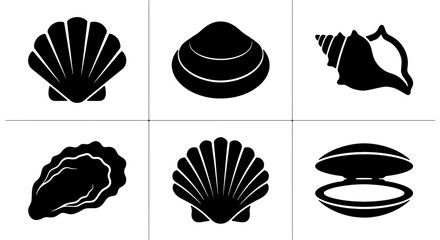 Vector Icons of Diverse Seashells, Marine Life Collection, Ocean Bivalve and Gastropod Silhouettes for Nautical Design © Suman