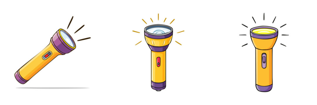 Yellow flashlights with purple accents emitting bright beams of light