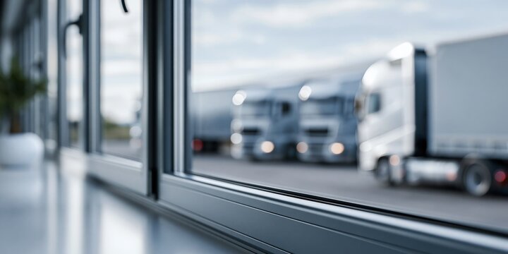 A blurred view through a large window reveals several trucks parked outside a warehouse, conveying an industrial setting and the essence of logistics and transportation.
