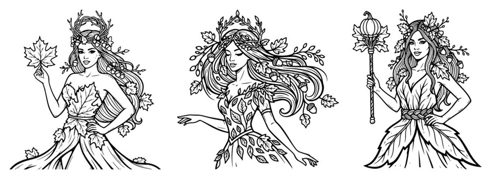 Autumn forest goddesses set, beautiful women personification of fall season with leaf crowns and foliage dresses, fantasy line art vector