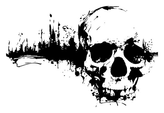 Grungy human skull with paint splatters and ink drips, edgy street art style skeleton head vector, trash polka gothic illustration