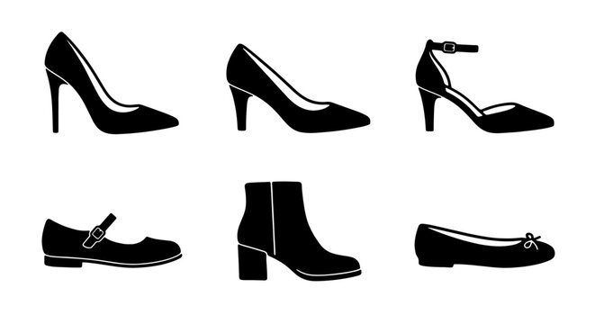 Elegant Women's Footwear Collection, Six Black Silhouette Styles: High Heels, Pumps, Ankle Boots, Flats, Mary Janes, and Strappy Shoes for Fashion and Retail Graphics