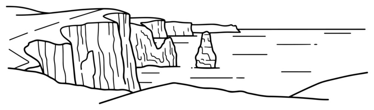 Coastal ocean cliffs and sea stacks landscape, minimalist line art vector illustration of rocky shore and water, travel destination scenery