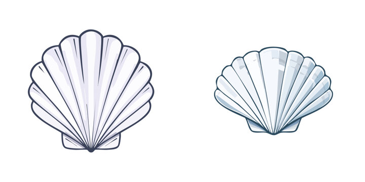 Set of detailed scallop shells with textured lines in white and light blue