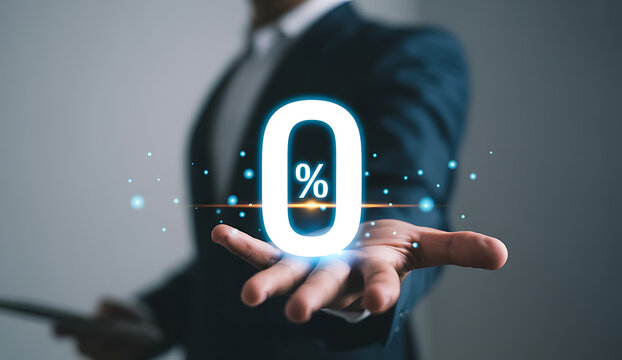 Hand presenting glowing zero percent symbol with digital particles percentage