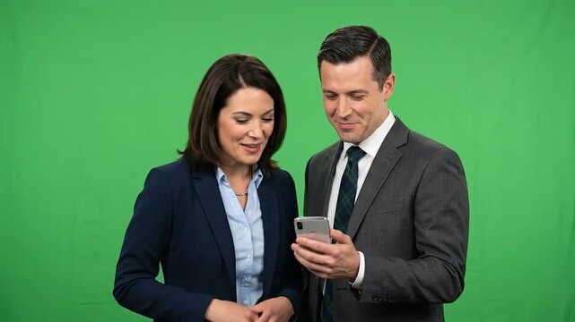 Business couple smiling while looking at smartphone together