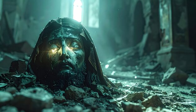 A broken religious icon in rubble, devotional photography style, conveying loss and enduring faith.